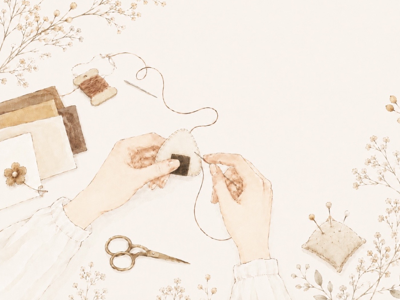 フェルトのおにぎりを手縫いしているイラスト